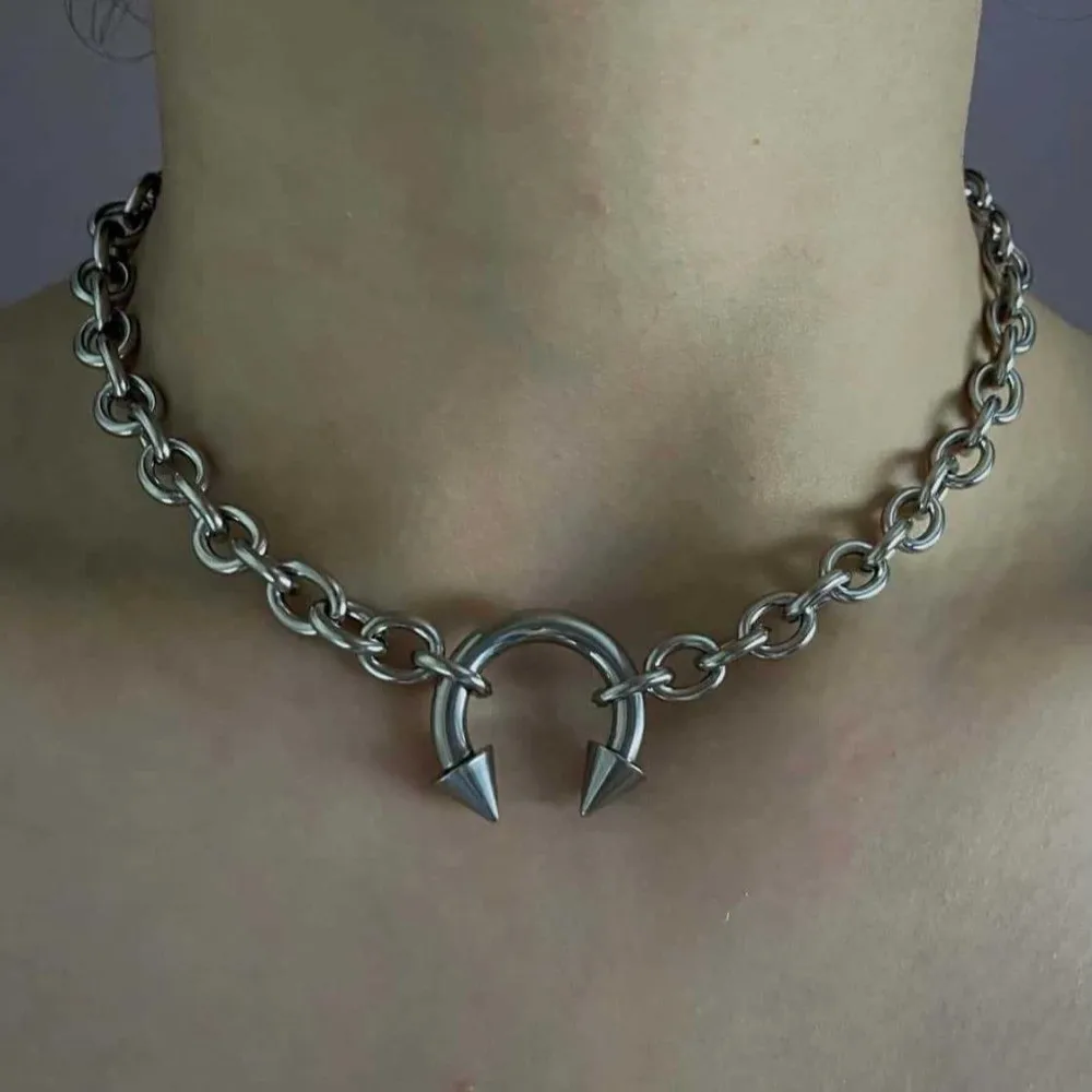 Fashion Punk Nose Clip Necklace Retro Gothic Choker Necklace Thick Round Ring Geometric Chain Rivet Necklace Gifts - 2