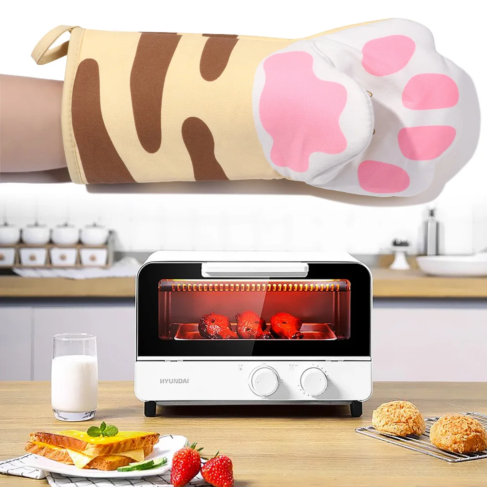 1Pc Cute Cartoon Cat Paws Pattern Oven Mitts Cotton Insulation Gloves Anti-Scalding Heat Resistant Baking Supply Microwave Tool