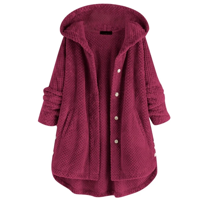 

5XL Warm Loose Jacket Women Fleece Irregular Long Sleeve Button Pocket Cardigan Coat oversized Solid Jacket New Fashion Hooded