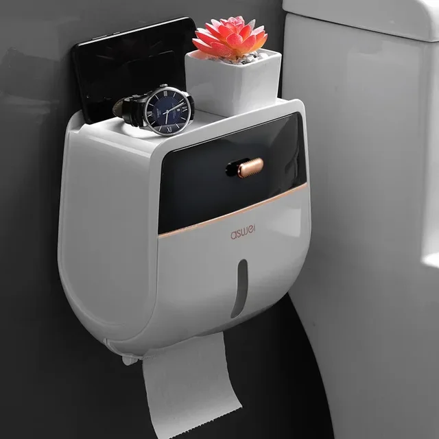 1pc Toilet Roll Paper Holder Double Layer Large Capacity Storage Box Wall Mounted Waterproof Tissue Box Bathroom Accessories 6