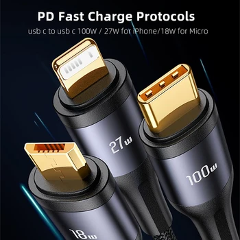 USAMS 100W 3 in 1 Type C Cable Digital Display PD Fast Charging Cable USB C 3 in1 For iPhone iPad MacBook Xiaomi Samsung Huawei 2