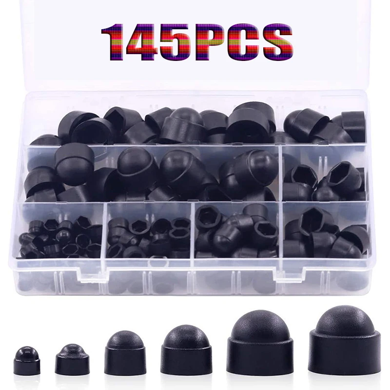 

145pcs Black M4 M5 M6 M8 M10 M12 Plastic Hexagon Caps Dome Protection Caps Covers for Bolts Protect Nuts Assortment Kit