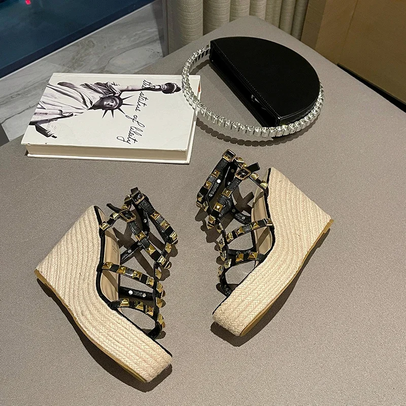 Rivet Wedges Women Sandals Open Toe Ankle Buckle Strap Ladies Platform Wedges Sandals High Heels Roman Rattan Grass Woven Shoes