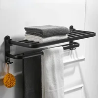 Porte-Serviettes Mural en Aluminium Noir – Support Pliable sans Perçage avec Crochets et Étagère 2