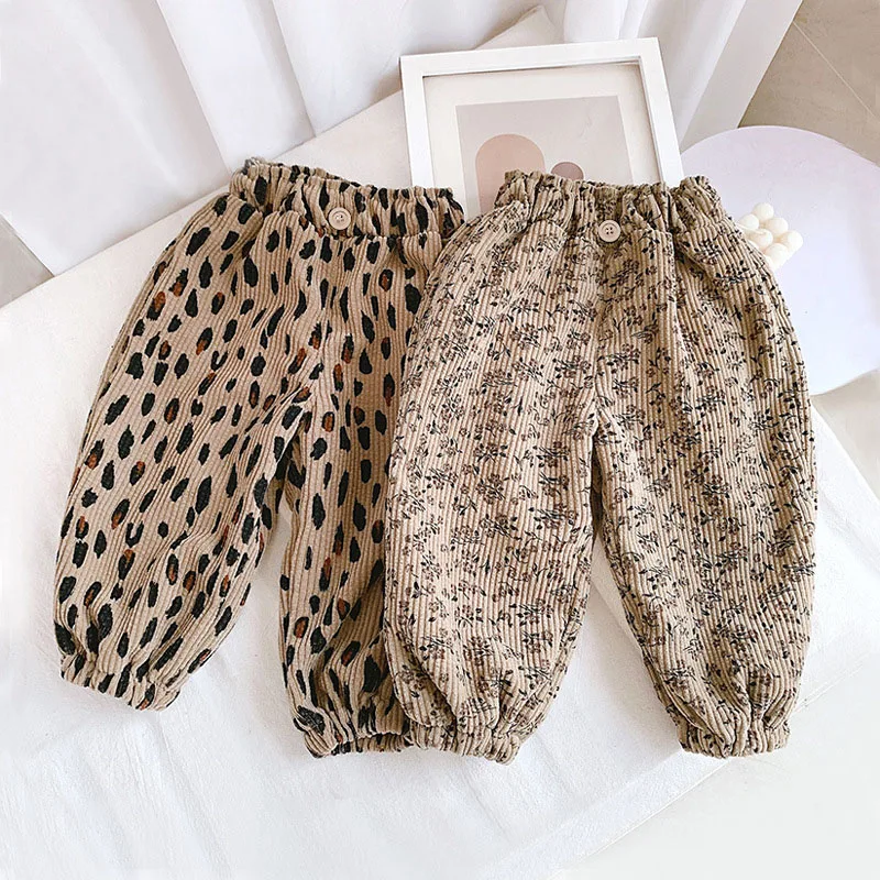 Girls Leopard Print Corduroy Pants for Autumn