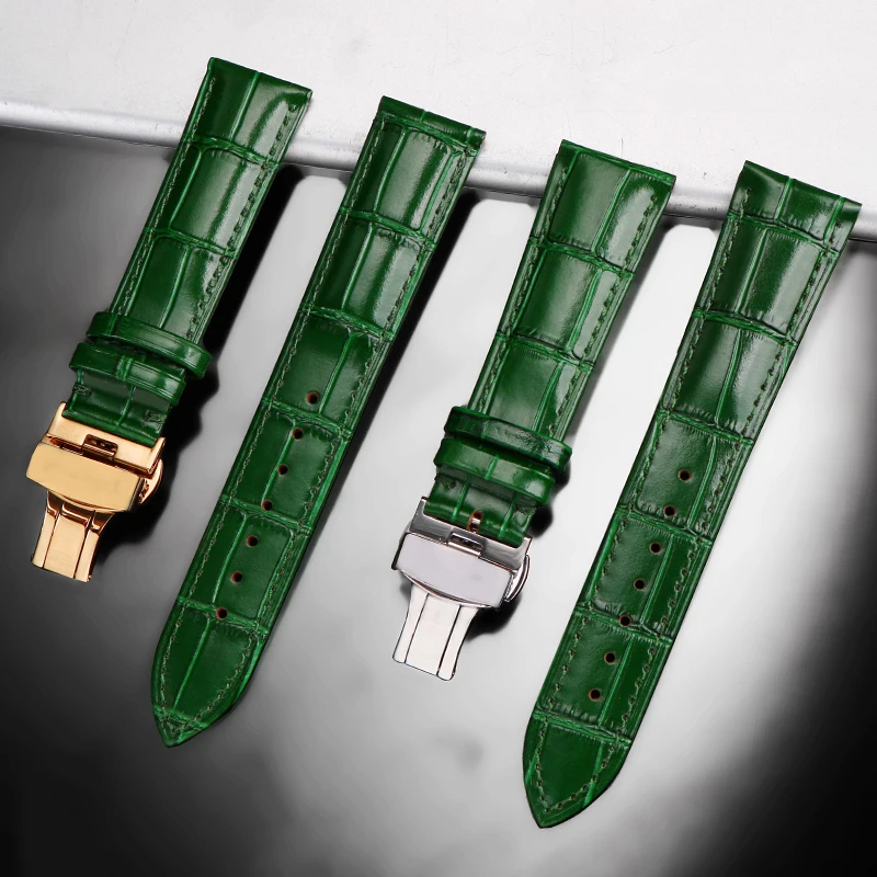 

Genuine Leathe Glossy Green Butterfly Buckle Watchbands For Seiko Water Ghost Rolex Citizen Strap Waterproof Bracelet 20mm 22mm