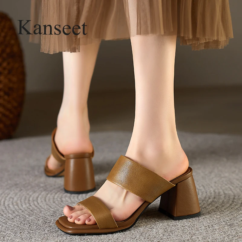 

Kanseet Vintage Open-Toed Summer Slippers Real Leather Women's Shoes Outside High Heel Handmade Daily Ladies Footwear Black 2023