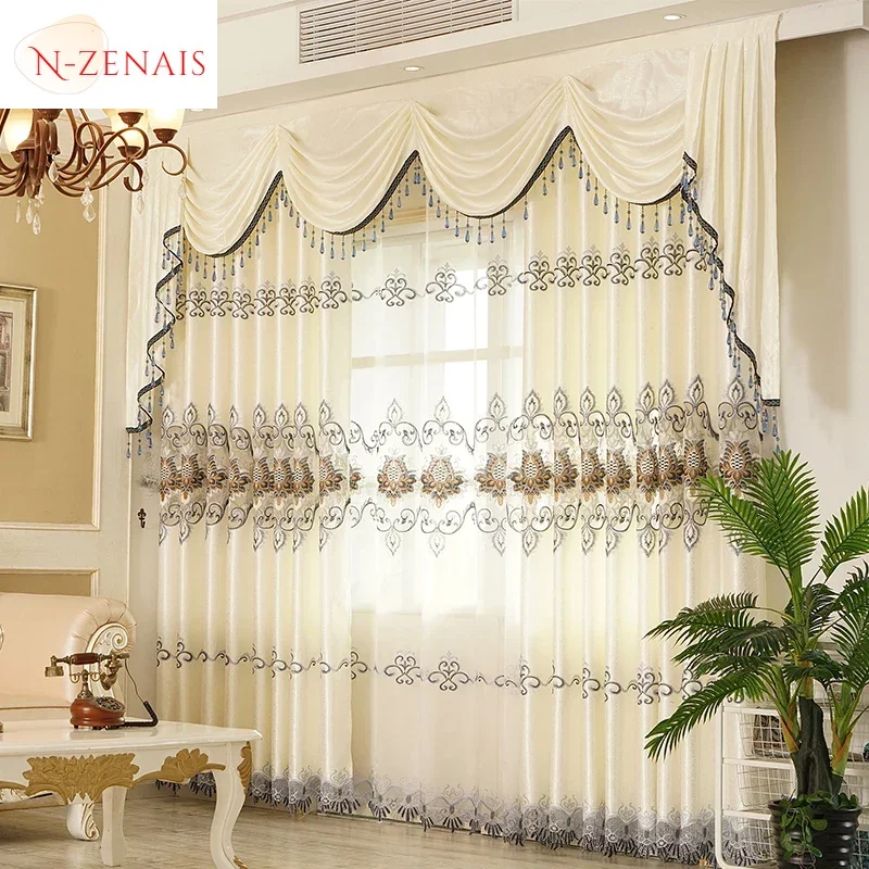 

European White Beige Hollow Embroidered Luxury Curtains for Living Room Bedroom Dining Blackout Custom Embroider Tulle Valance