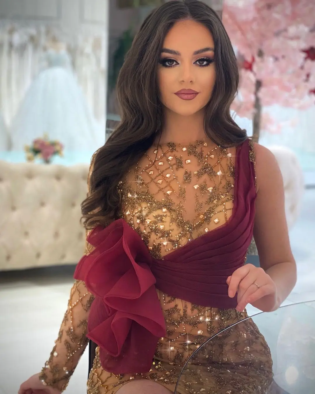 

FATAPAESE Prom Dress Illsuion Neckline with Glitter Sparking Stons Crystal Beading with Flowers Belt Side Slit Formal Gown