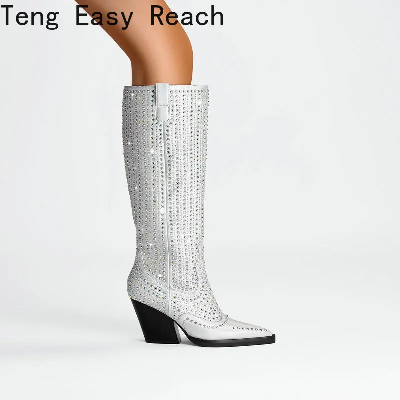 

Женские сапоги с кристаллами, сапоги до колена на танкетке, на высоком каблуке, в западном стиле, без застежки, большие размеры до 43, Осень-зима 2023