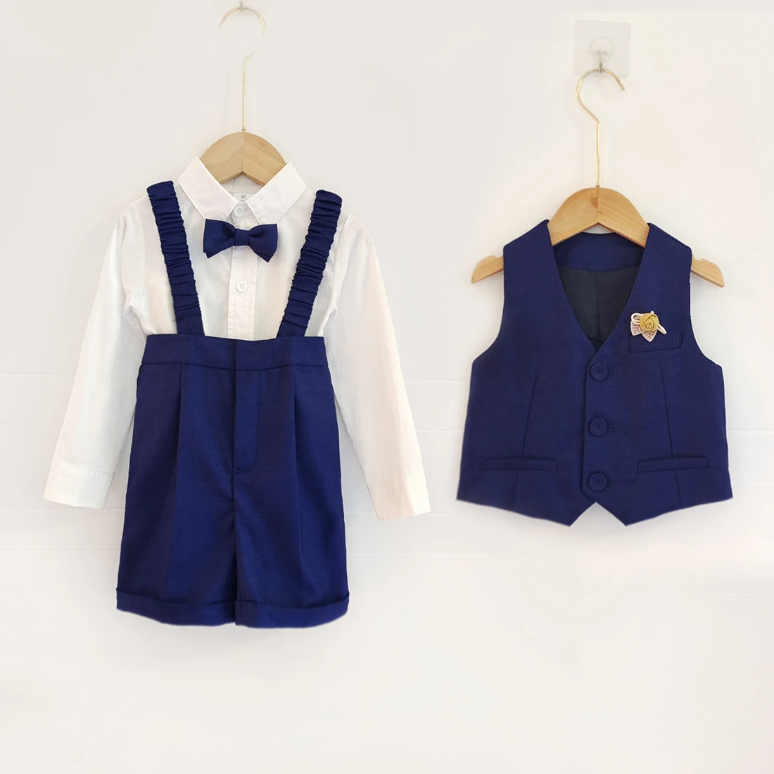 Baby Boys Clothing Set Wedding Suit Infant Baptism Gentleman Party Gift Blue Waistcoat With Suspender Short Christening Sets