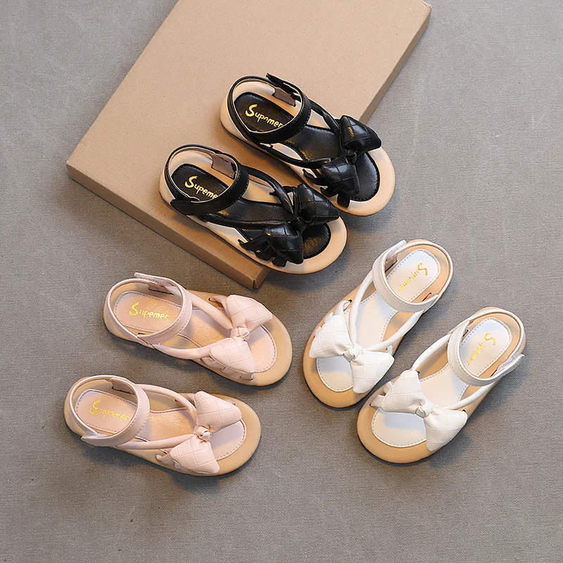 

Новинка весна-лето 2022, сандалии для девочек, милые однотонные туфли принцессы в Корейском стиле с бантом-бабочкой, Нескользящие туфли на липучке и плоской подошве