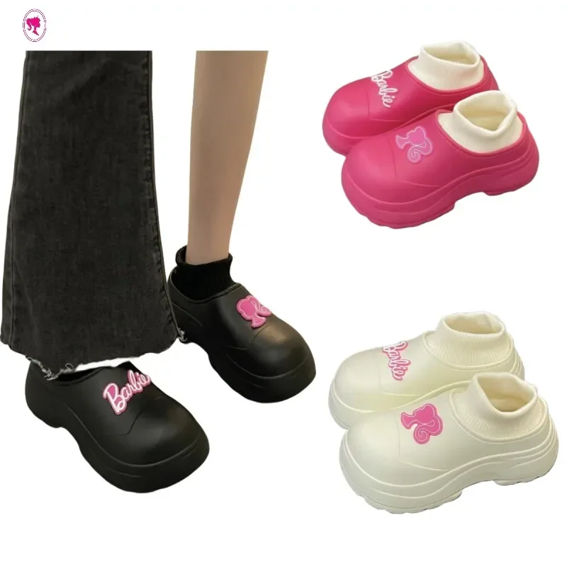 

Женские хлопковые ботинки с героями мультфильмов Барби, Милая зимняя теплая утепленная Нескользящая водонепроницаемая обувь для девочек, милые удобные сапоги от дождя
