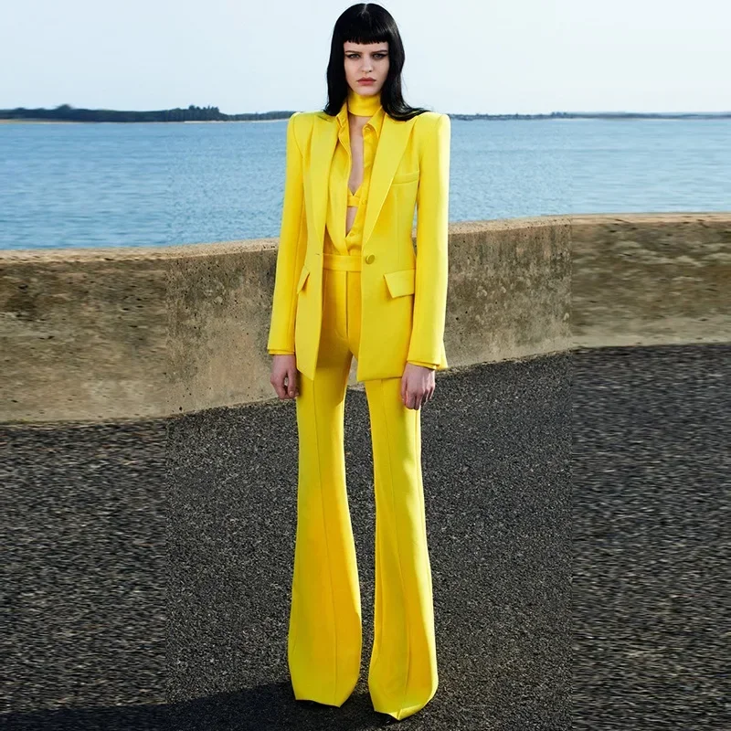 

Yellow Women Suits Set 2 Pieces Female Cotton Spring Formal Office Lady Business Work Wear Flare Trousers Coat Prom Dress