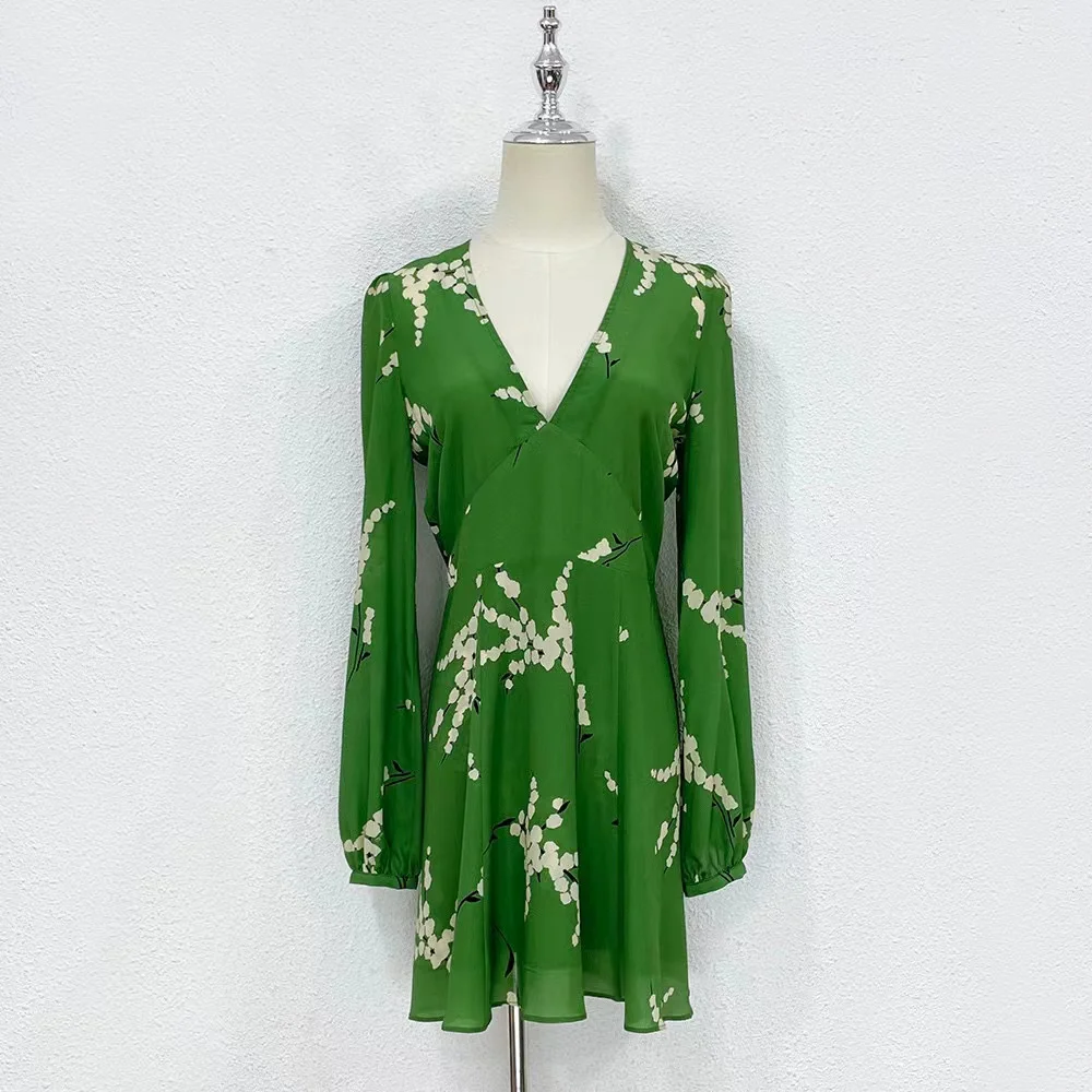 

High Quality Runway Designer Dress Women Elegant V-neck Green Floral Printed Mini Silk Dress 2023 Summer Robe