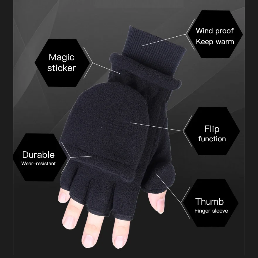 2 in 1 Winter Fleece Warm Thumb Flip Ski Gloves Fingerless Convertible Sport Mittens Windproof Running Cycling Gloves Men Women 3