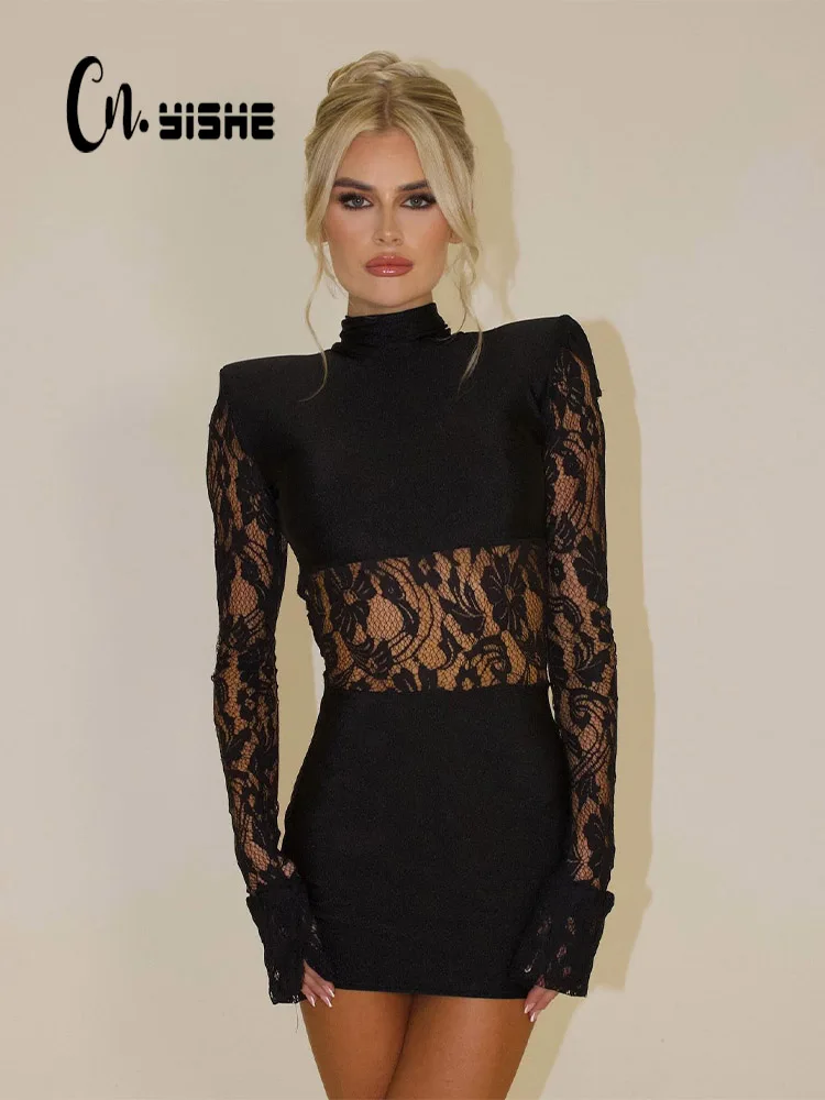 CNYISHE Patchwork Lace Hip Wrap Sheath High Collar Women Dresses Long ...