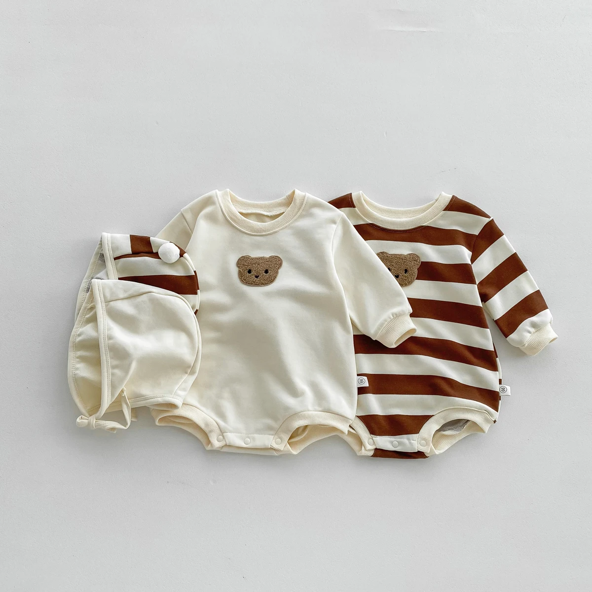 FLM Baby Romper Long Sleeved Bear Pattern + Hat Stripe Toddler Boy  Jumpsuit Baby Clothes 0-24M 6