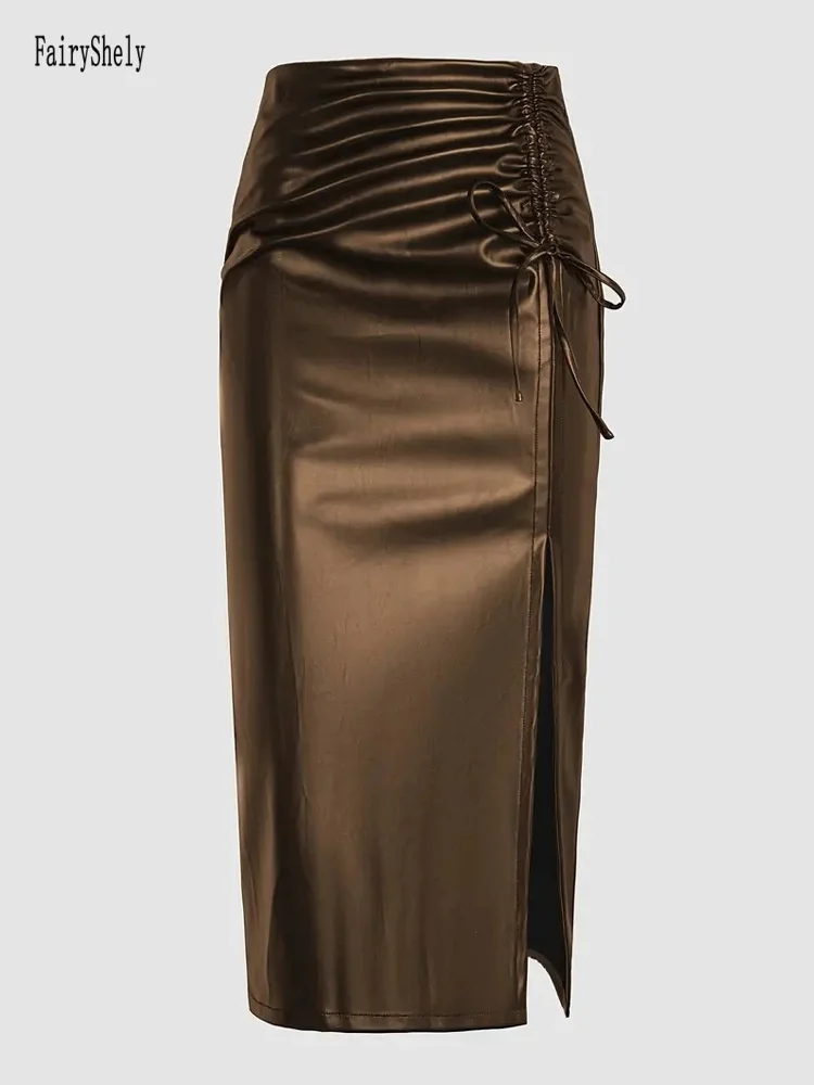 Fairyshely Sexy Pu Leather Split Long Skirt Women 2025 Summer High Waist Midi Skirt Lady Elegant Zipper Drawstring Pencil Skirts 3