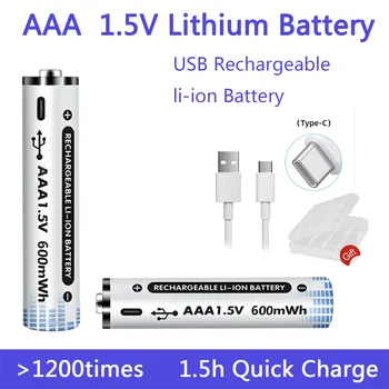 AAA 충전식 USB 배터리, 리튬 이온 대용량, 600mWh 백업 배터리, 원격 마우스 장난감 손전등 및 C 타입 케이블, 1.5V