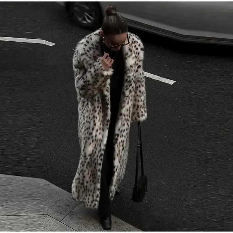 Fashion Animal Lapel Faux Fur Long Coat Women Loose Long Sleeve Pocket Lady Overcoats Autumn Winter Warm Street Thick Outwear