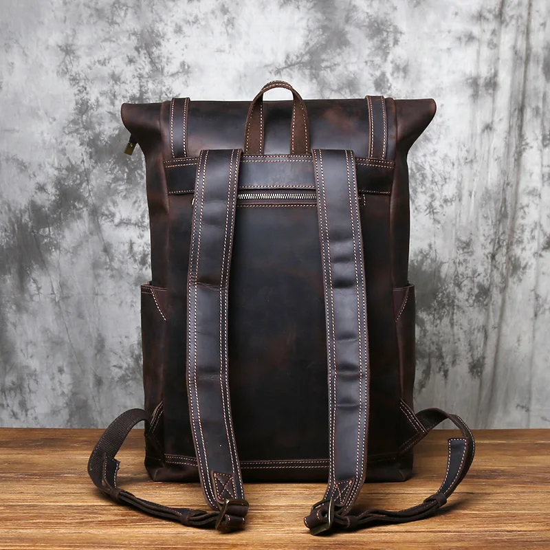 NZPJ Vintage Genuine Leather Men's Backpack Crazy Horse Leather Computer Bag Natural Top layer Cowhide Backpack Travel Bag 3