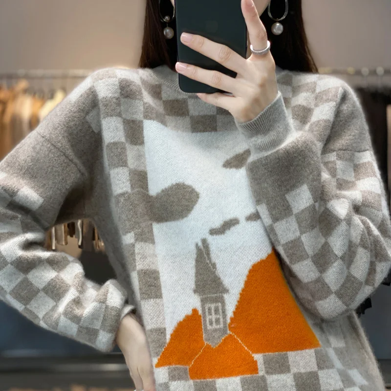 

Autumn and Winter New 100 Pure Woolen Sweater Women's Round Neck Loose Knit Color Blocking Underneath