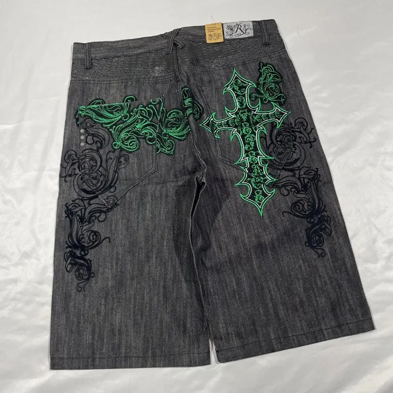 Gothic geometric cross graphic design baggy denim shorts men clothing y2k high street hip-hop popular versatile basketball short