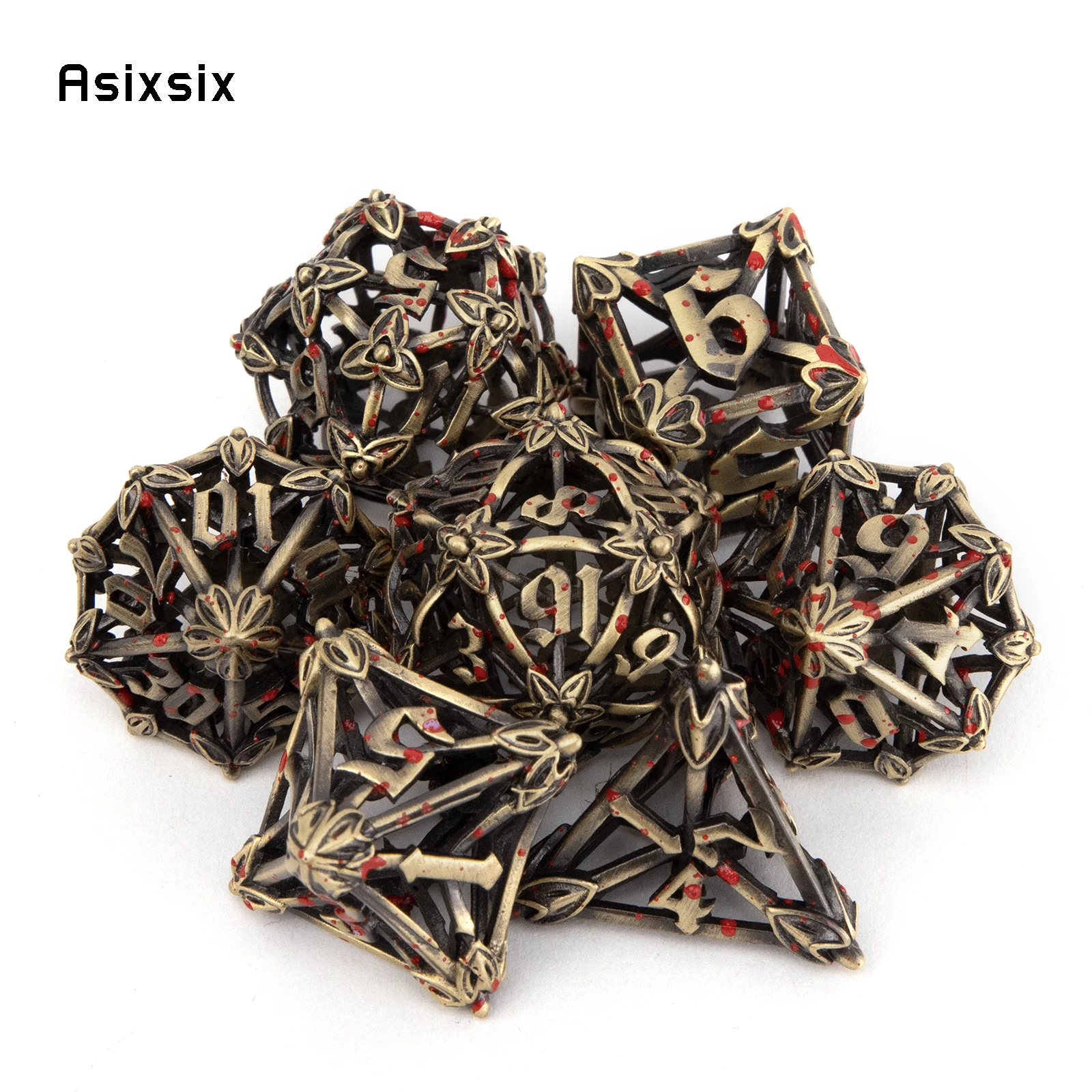 

7 Pcs Copper Red Leaf Flower Metal Dice Hollow Metal Polyhedral Dice Set Suitable for Role-Playing RPG Board Game Card Game