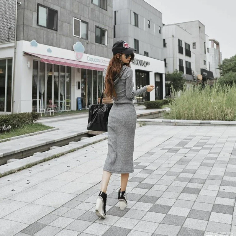 

Spring Autumn Knee-Length Pullover Dress Women Solid Colors Hooded Drawstring Slim Dresses Fashion Sport Style Casual Streetwear