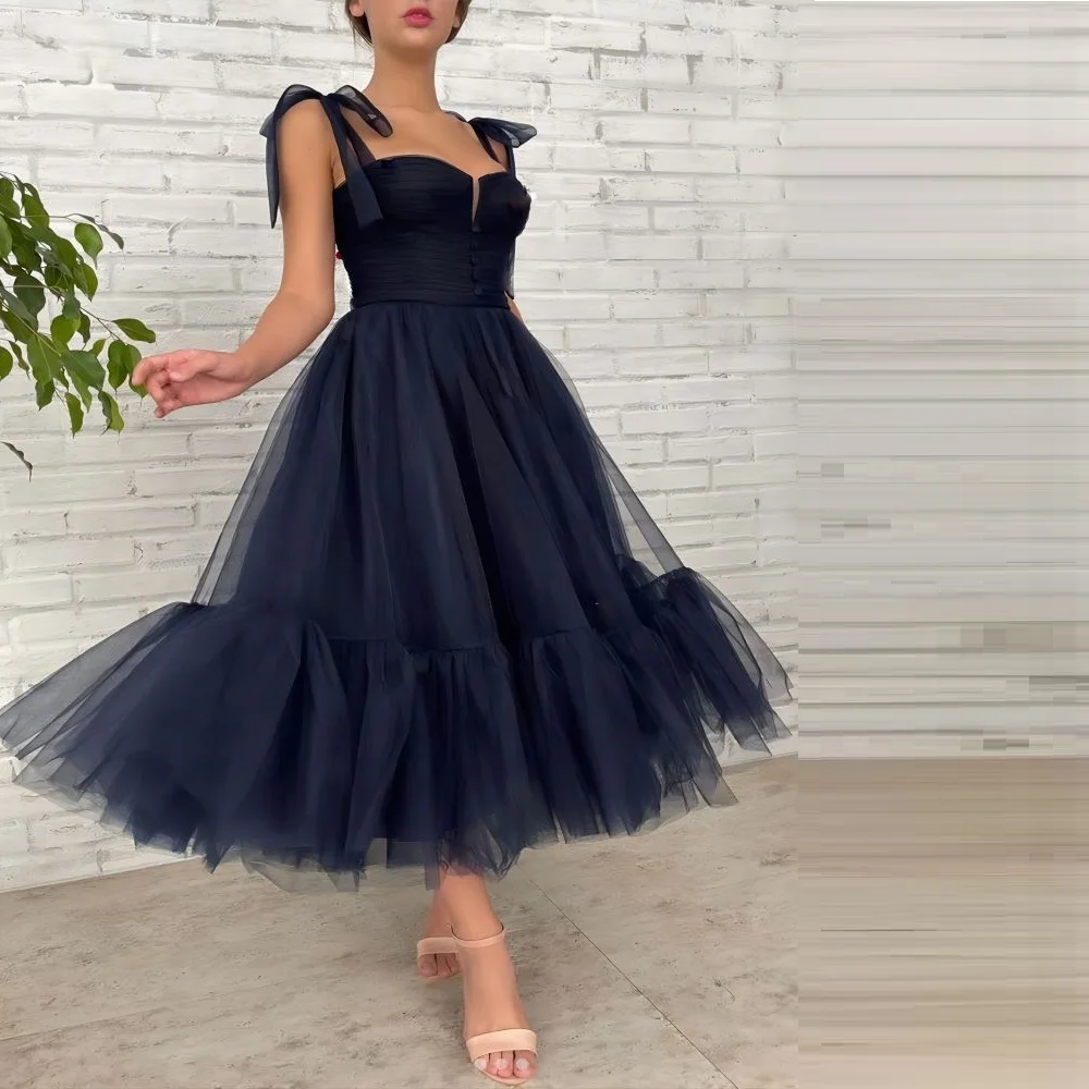 

Musetta Navy Blue Tulle Elegant Formal Party Dress Sweetheart Spaghetti Straps Backless Ankle Length Ball Gown Prom Long Robes