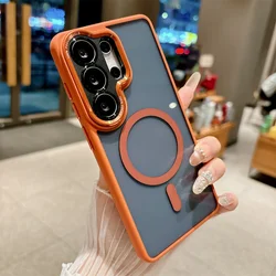 Luxury Gray Transparent Acrylic Phone Case with Lens Protection and Wireless Charging Cover - Galaxy S24 Ultra (Orange Brown)