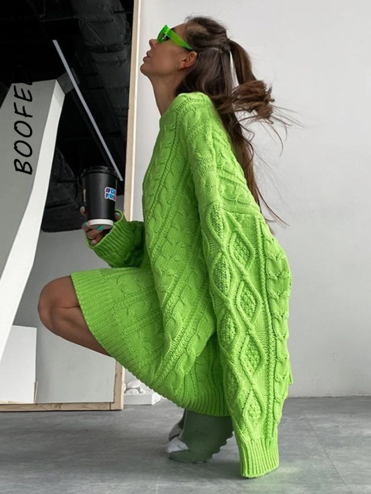 BOOFEENAA Neon Green Cable-Knit Sweater 