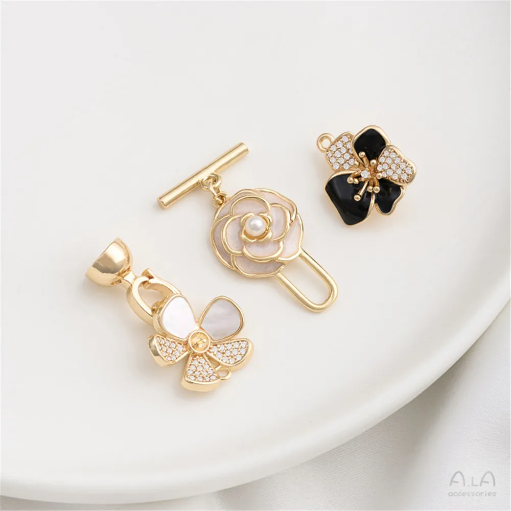

14K Gold Inlaid Mother Shell Flower Pearl Buckle Oil Dripping Rose OT Buckle Necklace Bracelet Connecting Buckle Accessories