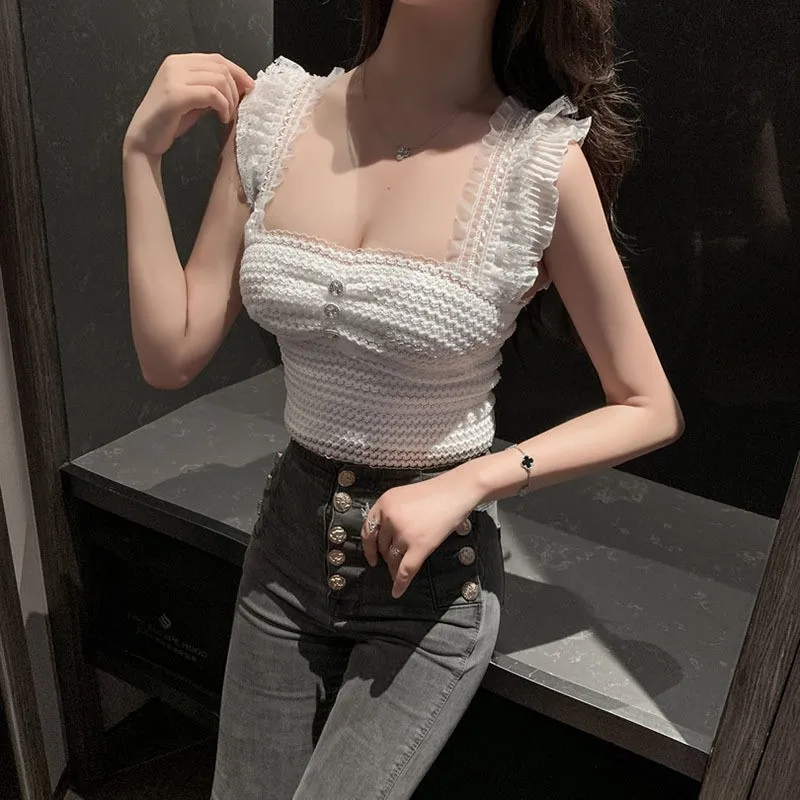 cheap bras Sexy Women Tank Tops Vintage 2022 Summer New Solid Short Lace Navel Sexy Fashion Wild Harajuku Koream Female Sleeveless Tops half bra Tanks & Camis