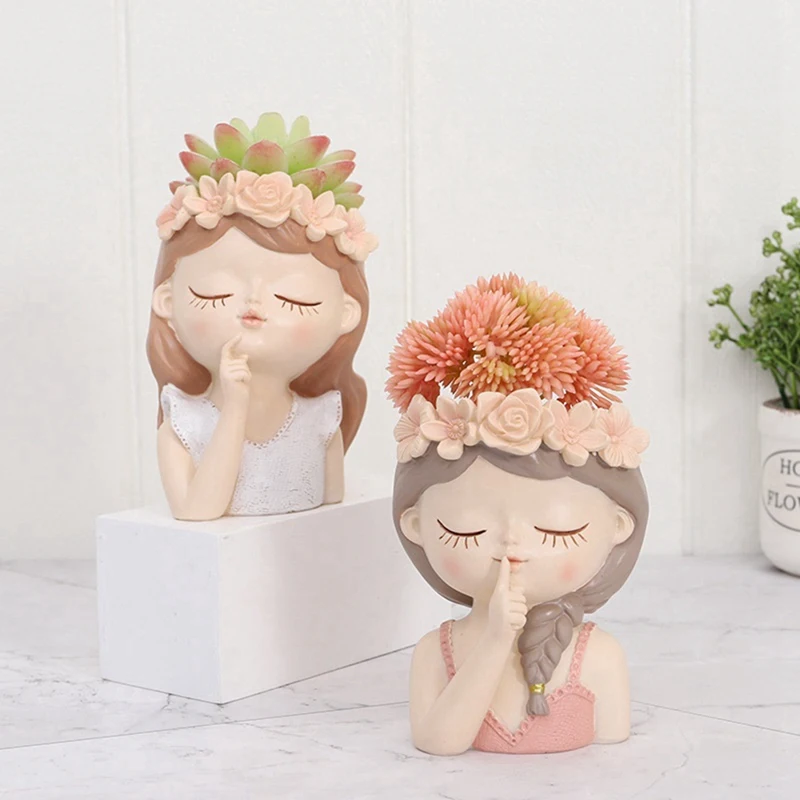 

Cute Succulent Plant Pot Planter Pot Resin With Drainage Hole Girl Face Big Lady Head Planter Tall Flower Vases