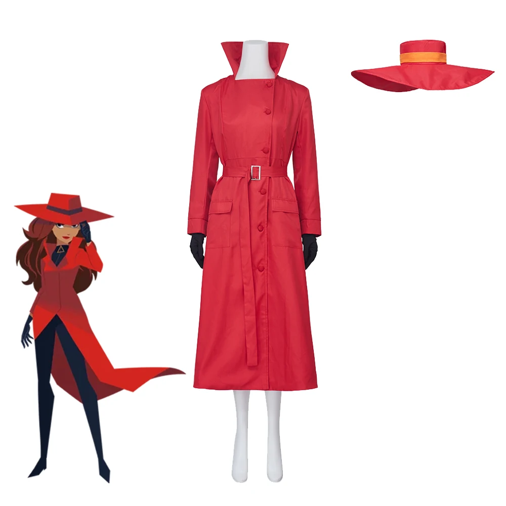 

Carmen Sandiego Cosplay Costume Carmen Red Uniform With Hat Gloves Full Set Halloween Carnival Party Suit Outfits