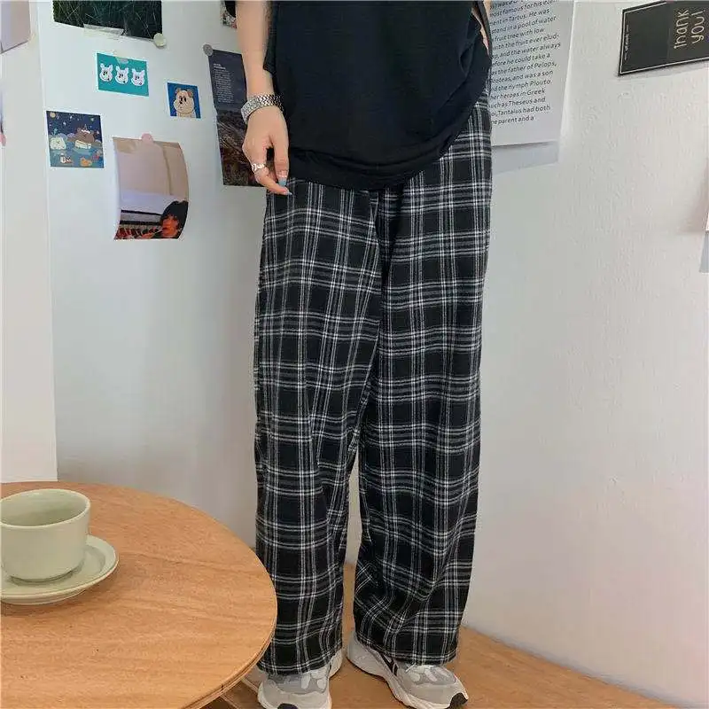 Straight Plaid Pants for Women Elastic Waist Loose All-Match Youth Wide Leg Street Casual Fashion Summer Clothing New Trend