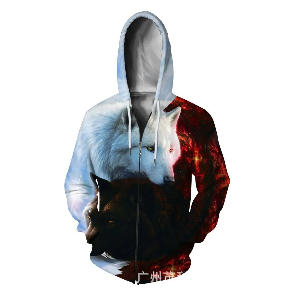 thumbnail image 1 of Sudadera con capucha para hombre de primavera y otoño con estampado de lobo Harajuku en 3D, cárdigan con cremallera y cordón de manga larga, 1 of 4