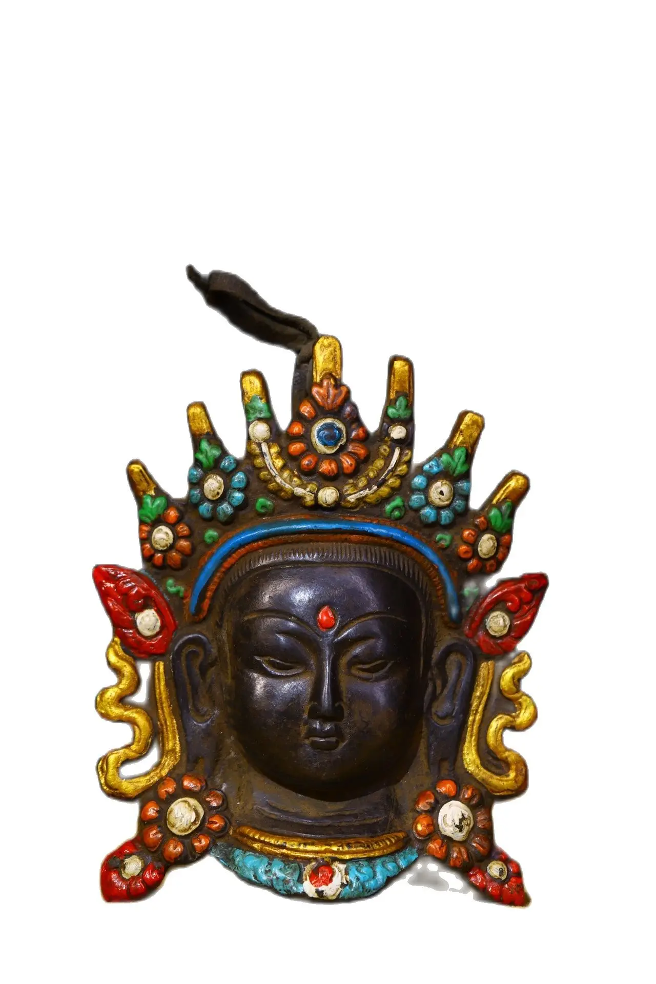 

Tibetan Buddhism Handmade Old Copper Draw Color Tara Mask,Home decoration Metal Crafts,Height 15CM,width 12cm