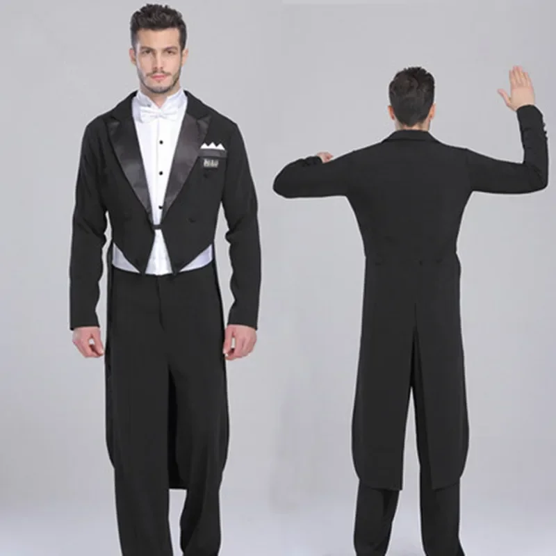 Black Solid Men Suits 2 Piece Fashion Satin Peak Lapel Standard Dance Tailcoat Party Prom Male Suits Slim (Jacket+Pants)