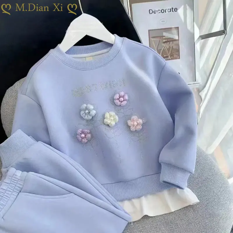 Baby Girl Clothing Set Kids Casual Wear Hot Drill Flowers Long Sleeve Guards And Pants Toddler
