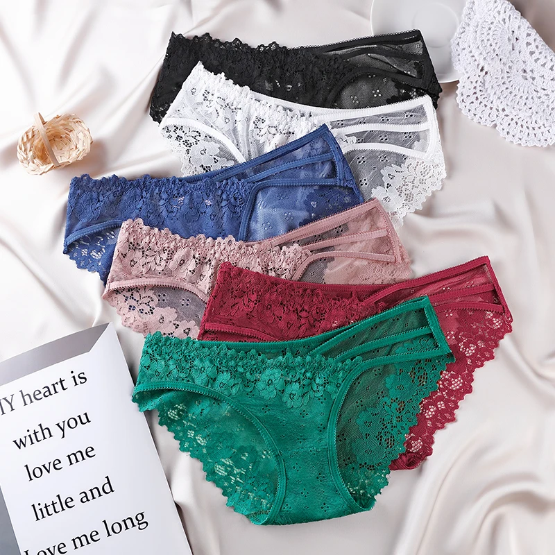 3Pcs Sexy Lace Underwear For Women Low Waist Briefs Female Transparent Mesh Ladies Solid Women's Panties Intimates BANNIROU