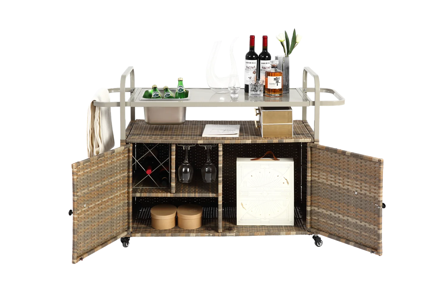 Outdoor Bar Table, Wicker Bar Cart with Cabinet, Patio Serving Cart with steel Top, icebucket, Side Basket, Lockable Wheels