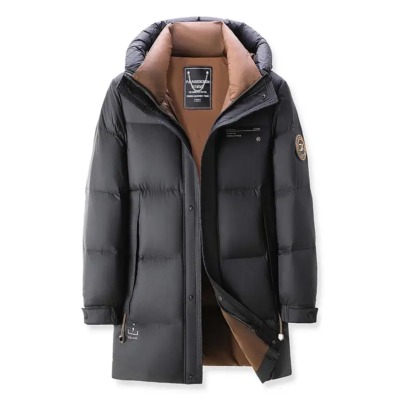 Casual Men's Winter Mid-Length Hooded 90% White Duck Down Jackets Outwear Windproof Warm Black Long Puffer Coat Thick Top Parkas