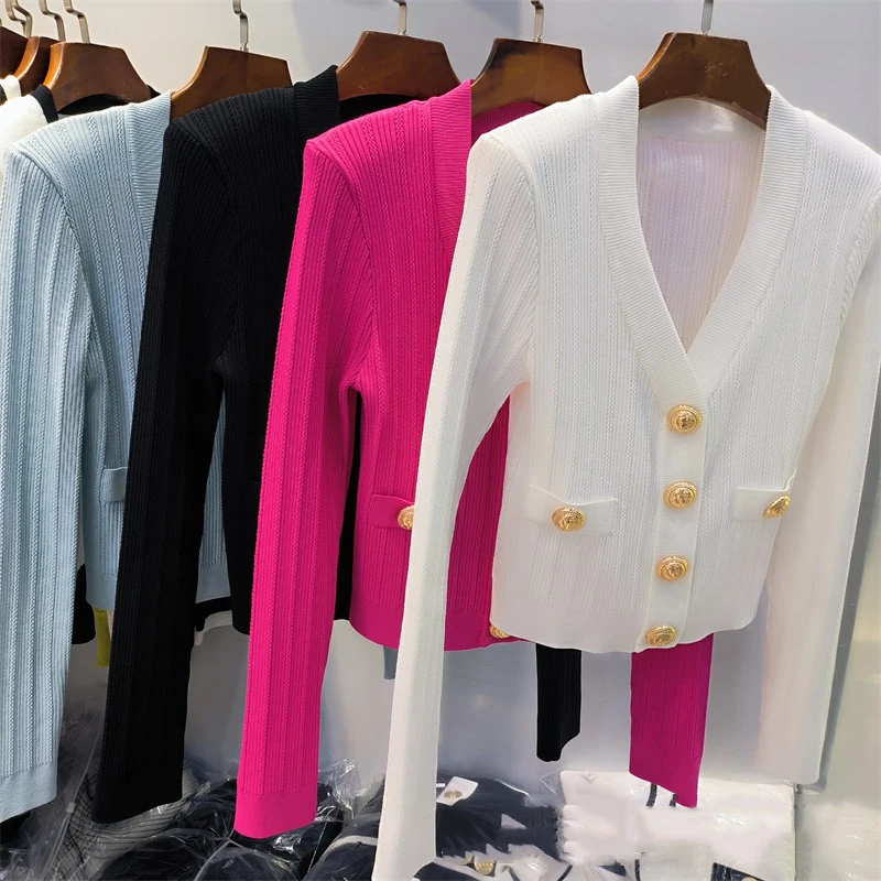 

Женский трикотажный кардиган с металлическими пуговицами, облегающий эластичный кардиган с V-образным вырезом, свитер-топ, осень