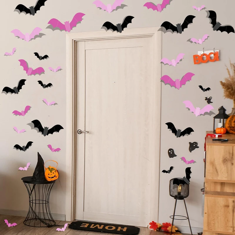 24/48Pcs Halloween Pink Bats Window Sticker 3D Spooky Bat Wall DIY Decal for Halloween Home Kids Room Indoor Outdoor Decoration