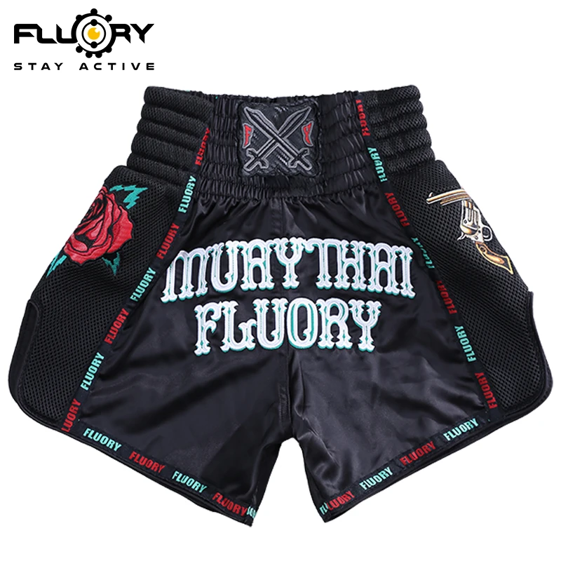 Fluory Muay Thai Boxing Shorts Colorful Line Rose Embroidery Women's Fitness Gym Sportswear Active Wear Casual Pants