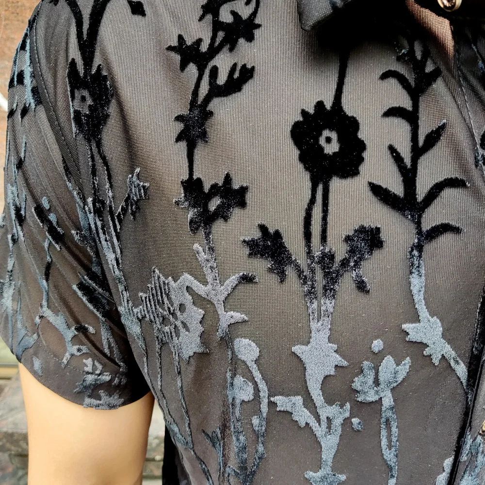 Casual Shirts Men Social Party Lace Sheer Blouse Hollowout Fashion Floral Transparent Shirt Man See Through Sexy Men Shirt