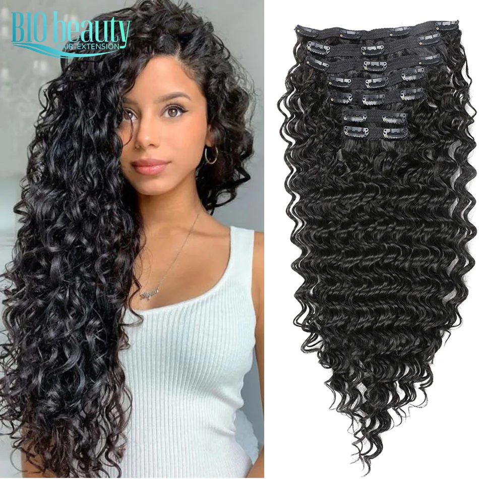 Deep Wave Clip In Hair Extensions 24Inch Full Head 7Pcs 140G Loose Weft Black Blond Synthetic Curl Organic Extension | Шиньоны и парики